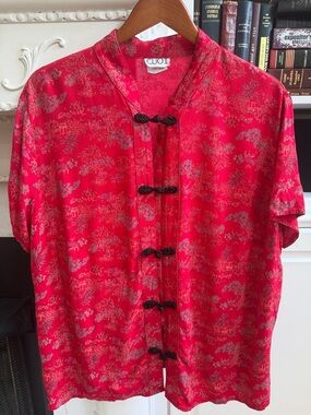 Whimsigoth Vintage CLIO II Red Asian Print Frog Closure Rayon Blouse 1X